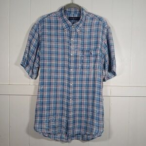 Ralph Lauren Mens XL Blue Plaid 100% Linen Short Sleeve Button Down Shirt Pocket